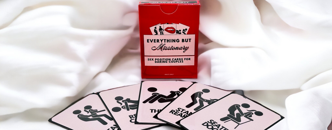 A set of "Everything But Missionary" sex position cards for daring couples, displayed on a soft white background. The cards showcase various positions, encouraging fun and adventurous intimacy.