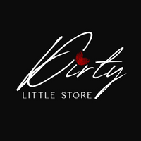 Logo of Dirty Little Store featuring elegant white script on a black background, with a stylized red fingerprint heart above the letter 'i' in 'Dirty'