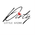 Logo of Dirty Little Store featuring elegant white script on a white background, with a stylized red fingerprint heart above the letter 'i' in 'Dirty'