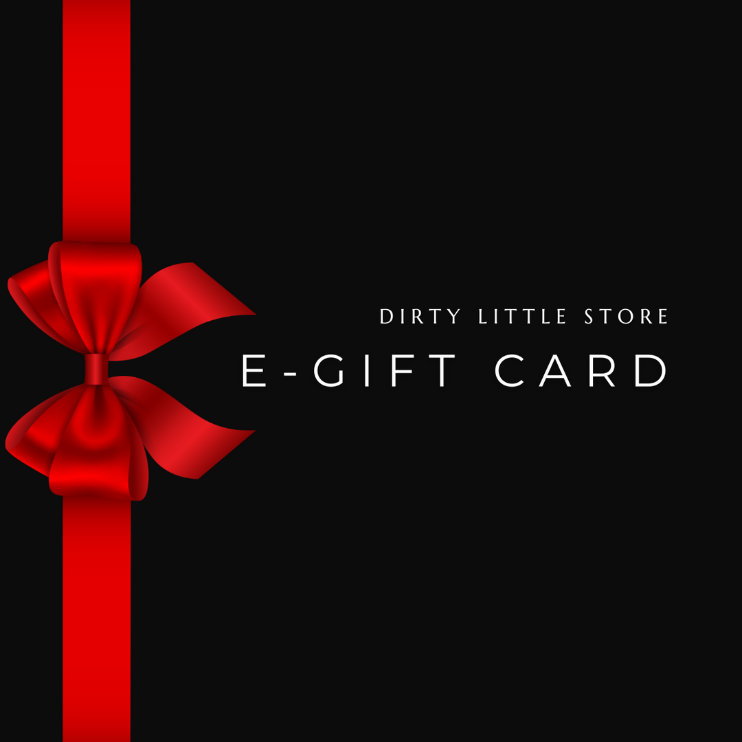 A digital gift card design featuring a sleek black background with a vibrant red ribbon and bow. The text "Dirty Little Store E-Gift Card" is prominently displayed in a sophisticated font.
